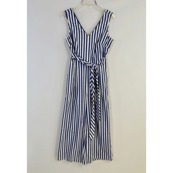 J.CREW Pants - J. Crew Sleeveless Wrap Tie Waist Wide Leg Jumpsuit Blue White Striped Sz 4 EUC